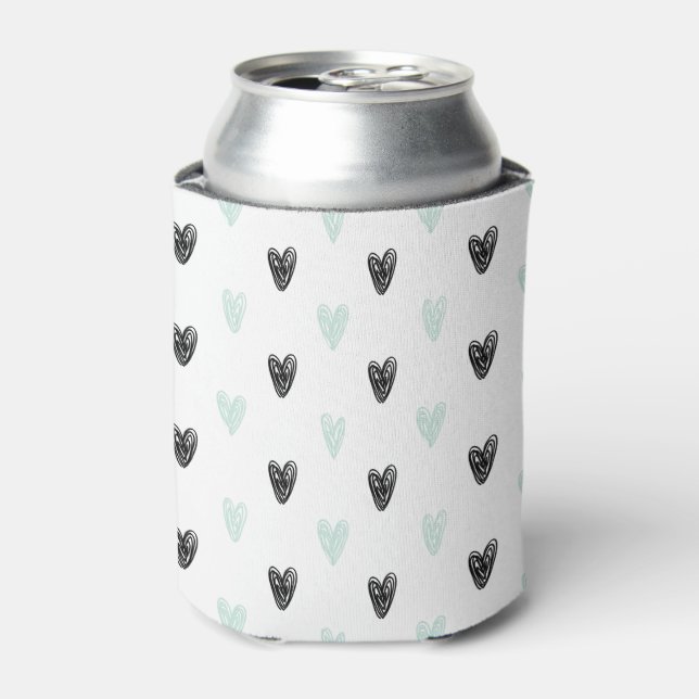 Mint & Black Hearts Doodles Pattern Girly Can Cool Cooler (Can Front)