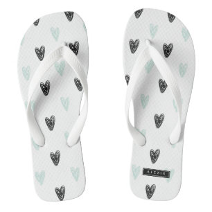 Mint & Black Hearts Doodles Pattern Personalised Thongs