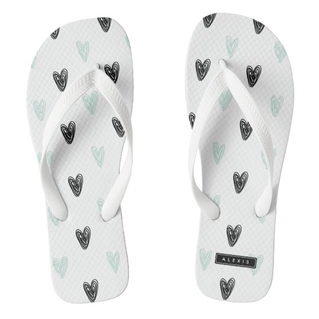 Mint & Black Hearts Doodles Pattern Personalised Thongs (Footbed)