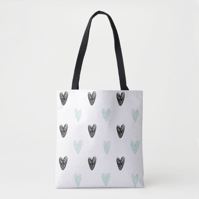 Mint & Black Hearts Doodles Pattern Tote Bag (Front)