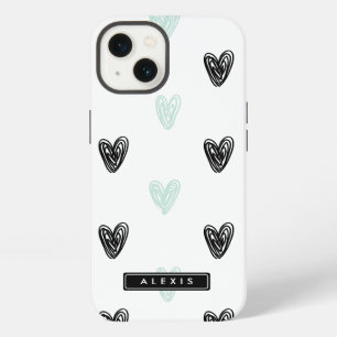 Mint & Black Hearts Pattern Personalised iPad Case