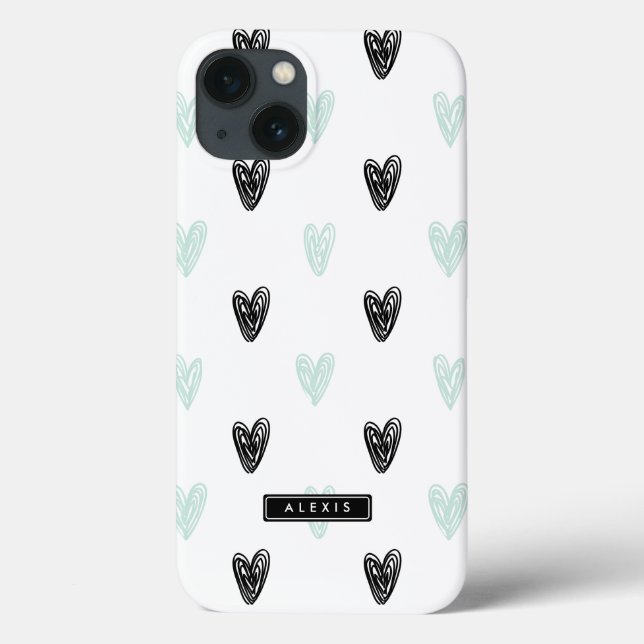 Mint & Black Hearts Pattern Personalised iPad Case (Back)