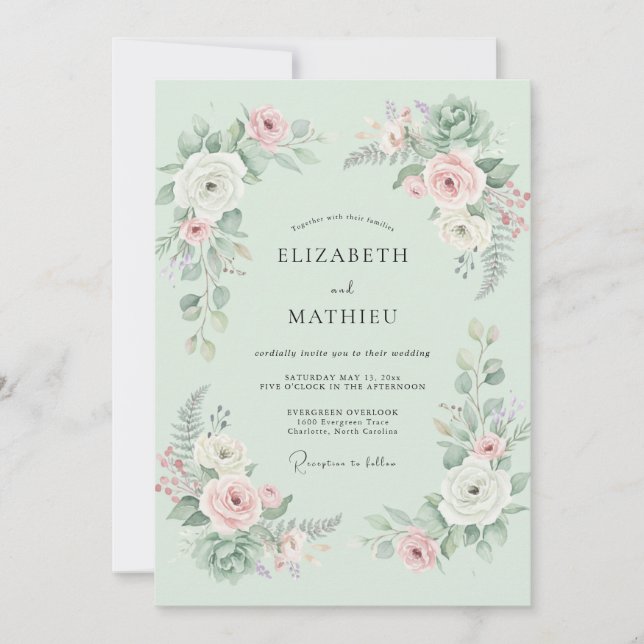 Mint Blossom Romantic Flourish Wedding Invitation (Front)