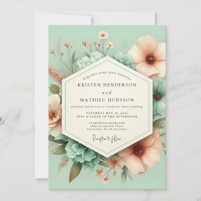 Mint Blossom Whimsical Wedding Invitation (Front)