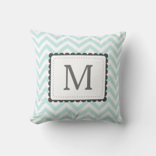 Mint Blue And White Chevron Custom Monogram Cushion