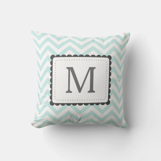 Mint Blue And White Chevron Custom Monogram Cushion (Front)