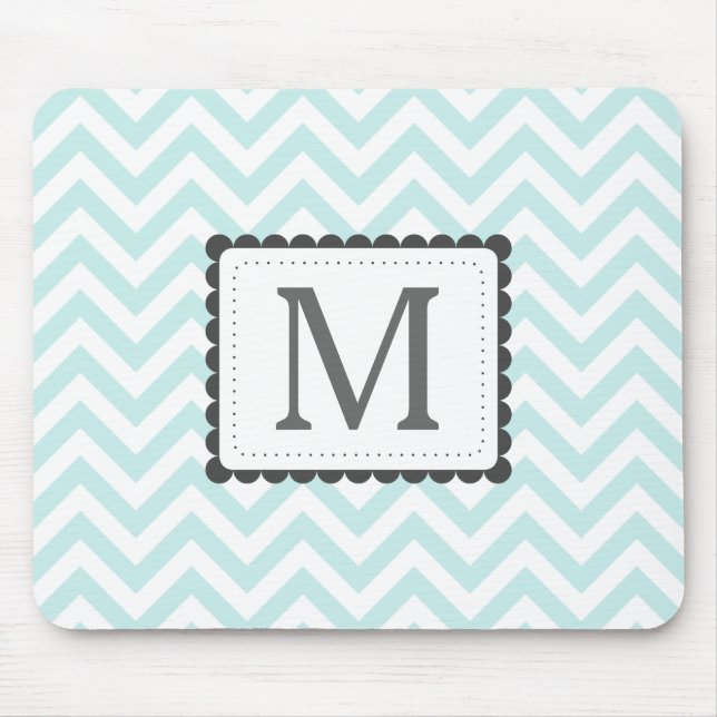 Mint Blue And White Chevron Custom Monogram Mouse Pad (Front)