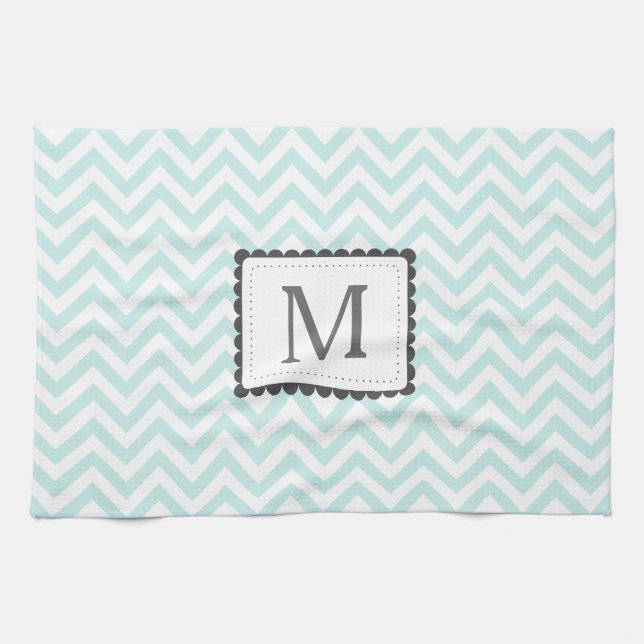 Mint Blue And White Chevron Custom Monogram Tea Towel (Horizontal)