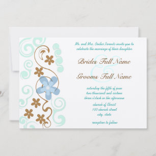 Mint Blue & Brown Swirl Flowers Wedding Invitation
