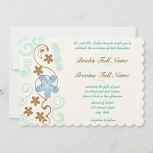 Mint Blue & Brown Swirl Flowers Wedding Invitation