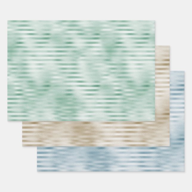 Mint Blue Champagne Gold Stripes  Wrapping Paper Sheet (Set)