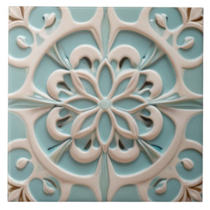 Mint Blue Daisy Flower Faux Relief Boho Floral Ceramic Tile