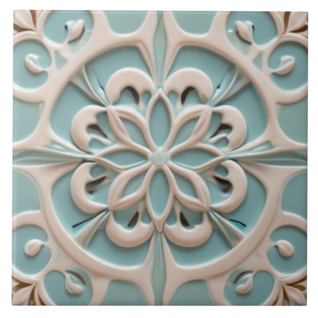Mint Blue Daisy Flower Faux Relief Boho Floral Ceramic Tile (Front)