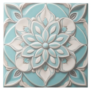 Mint Blue Faux Relief Elegant Floral Flower Ceramic Tile