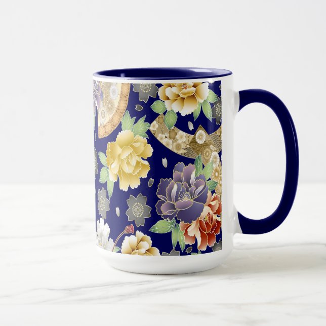 Mint Blue Gold Flowers Beautiful Japanese Pattern Mug (Right)