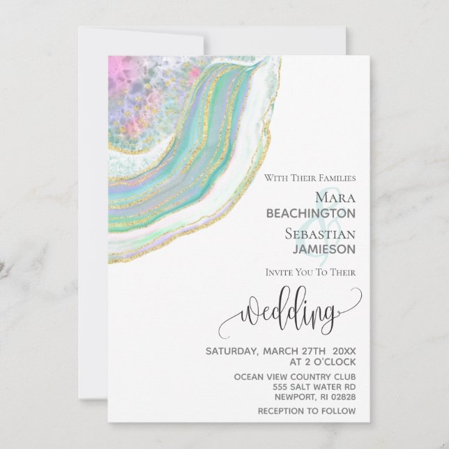 *~* Mint Blue Gold Glitter Agate AR5 Wedding Invitation (Front)