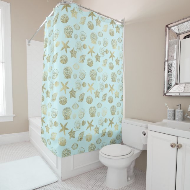 Mint Blue Gold Sea Shells Shower Curtain (In Situ)