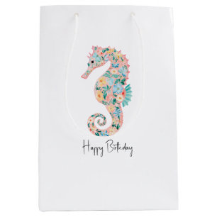 Mint Blue Green Pink Seahorses Birthday Medium Gift Bag