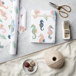 Mint Blue Green Pink Seahorses Birthday Wrapping Paper