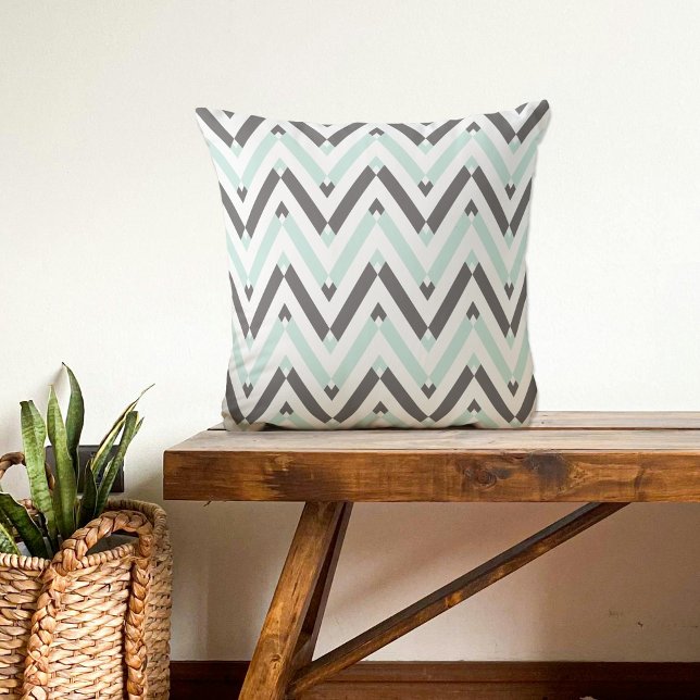Mint Blue Grey White Geometric Chevron Pattern Cushion (Creator Uploaded)