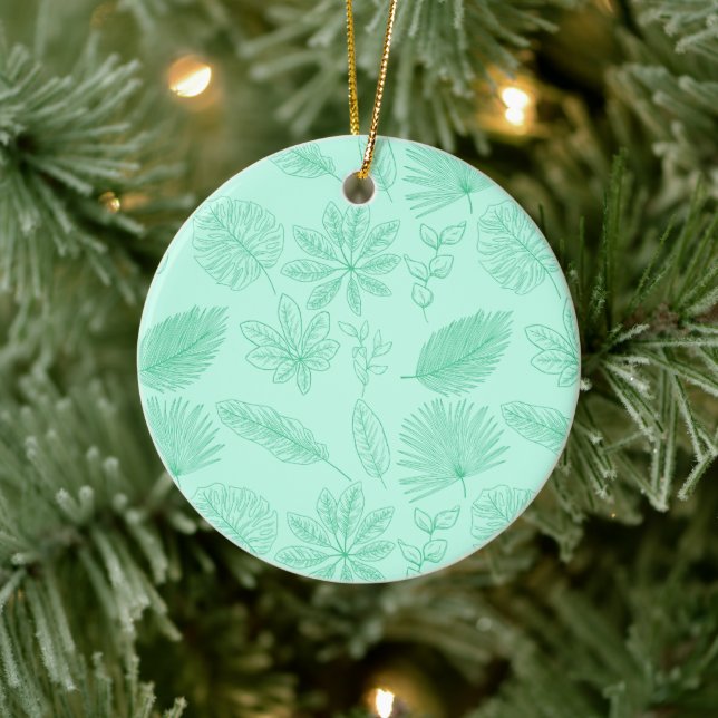 Mint Blue Leaves Pattern Ceramic Ornament (Tree)