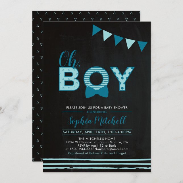 Mint blue & Navy | Chalkboard "Oh Boy" Baby Shower Invitation (Front/Back)