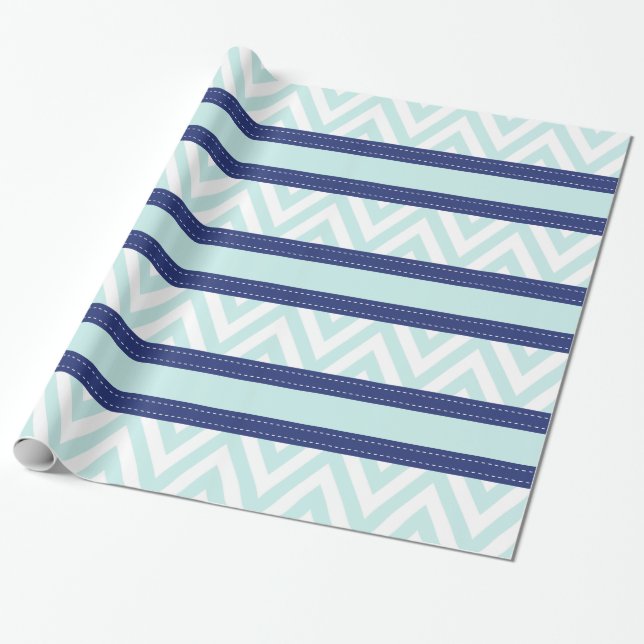 Mint Blue & Navy Stripes Chevron Pattern Wrapping Paper (Unrolled)