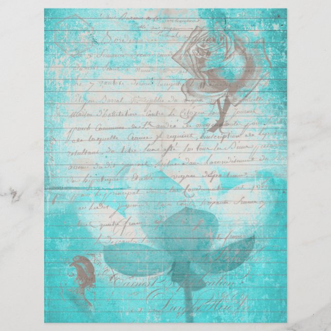 Mint blue old handwritting paper and flowers (Front)