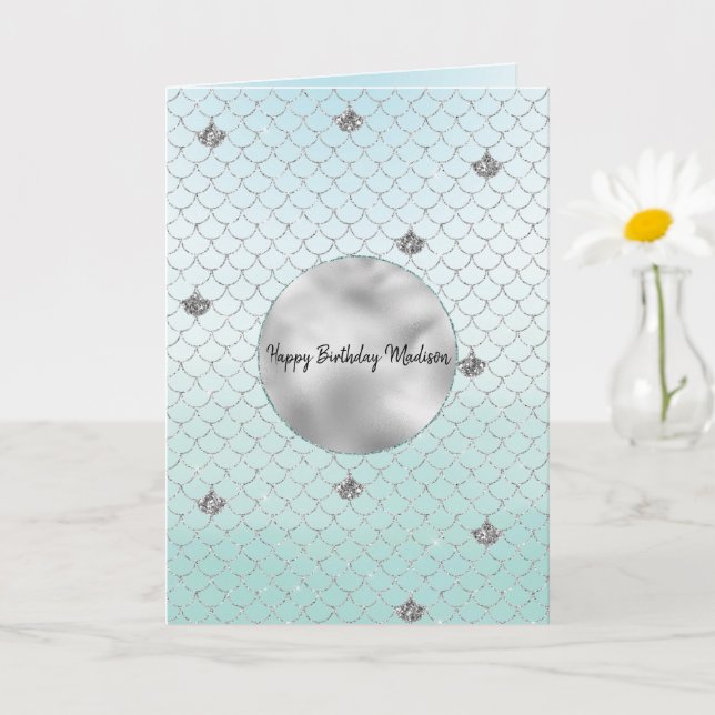Mint Blue Ombre Silver Glitter Mermaid Card (Small Plant)