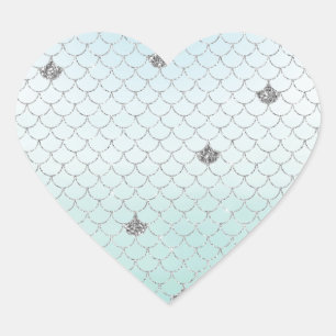 Mint Blue Ombre Silver Glitter Mermaid Heart Sticker