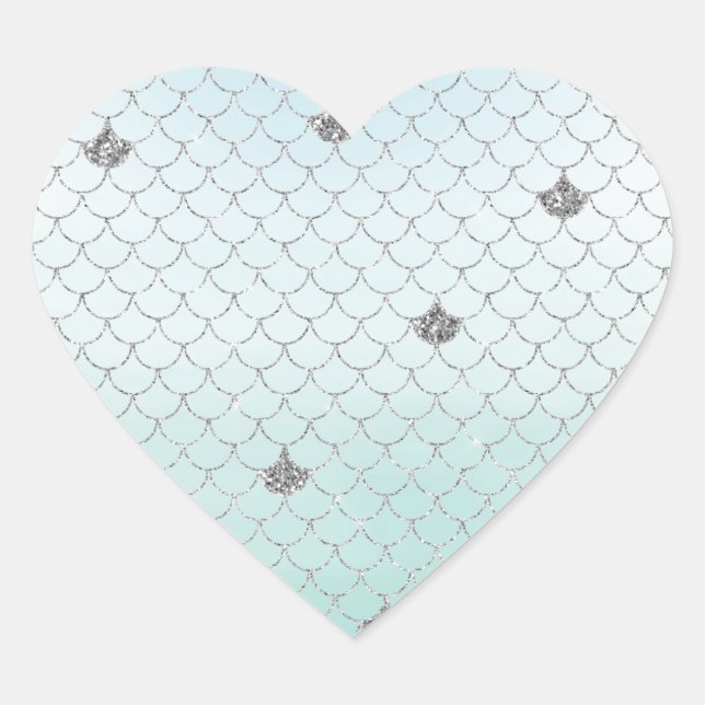 Mint Blue Ombre Silver Glitter Mermaid Heart Sticker (Front)