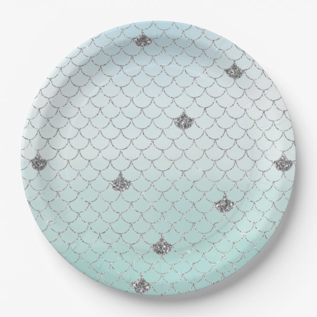Mint Blue Ombre Silver Glitter Mermaid Paper Plate (Front)