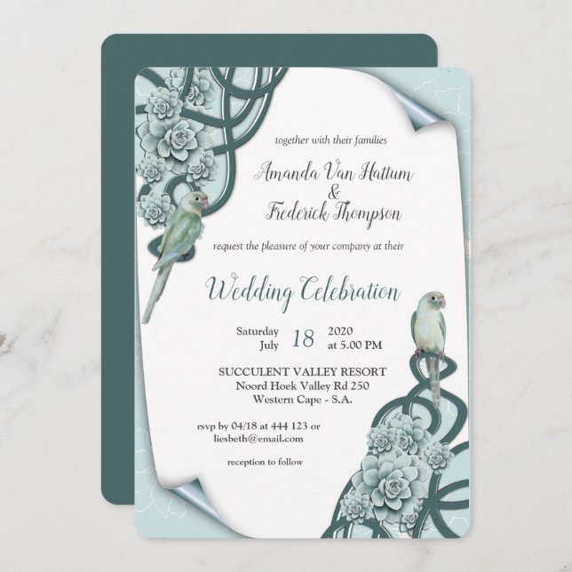 Mint Blue Pine Green Succulents Invitation (Front/Back)