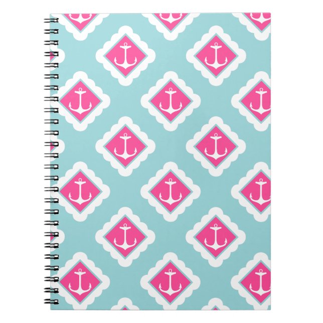 Mint Blue, Pink, White Anchors Nautical Pattern Notebook (Front)