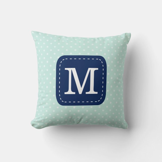 Mint Blue Polka Dot Pattern with Custom Monogram Cushion (Front)