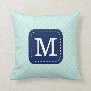 Mint Blue Polka Dot Pattern with Custom Monogram Cushion