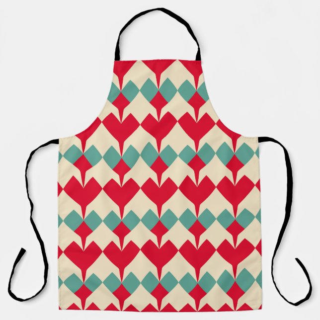 Mint blue, red hearts tile pattern. apron (Front)