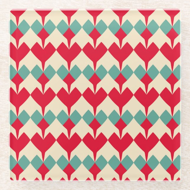 Mint blue, red hearts tile pattern. glass coaster (Front)