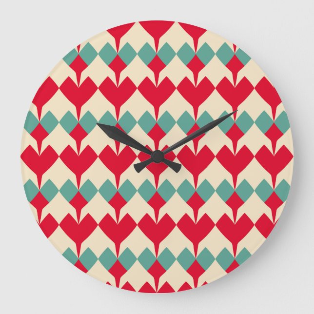 Mint blue, red hearts tile pattern. large clock (Front)
