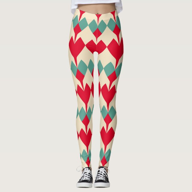 Mint blue, red hearts tile pattern. leggings (Front)