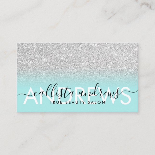 Mint Blue Silver Glitter Ombre Makeup Hair Salon Business Card (Front)