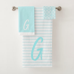Mint Blue Stripes and Monogram Bath Towel Set