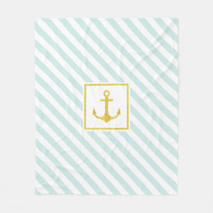 Mint Blue Stripes Faux Glittery Golden Anchor Fleece Blanket