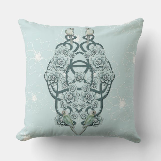 Mint Blue Succulents on Pine Green Trellis Repeat Cushion (Front)