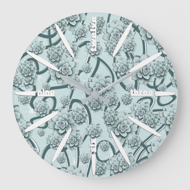 Mint Blue Succulents on Pine Green Trellis Repeat Large Clock (Front)