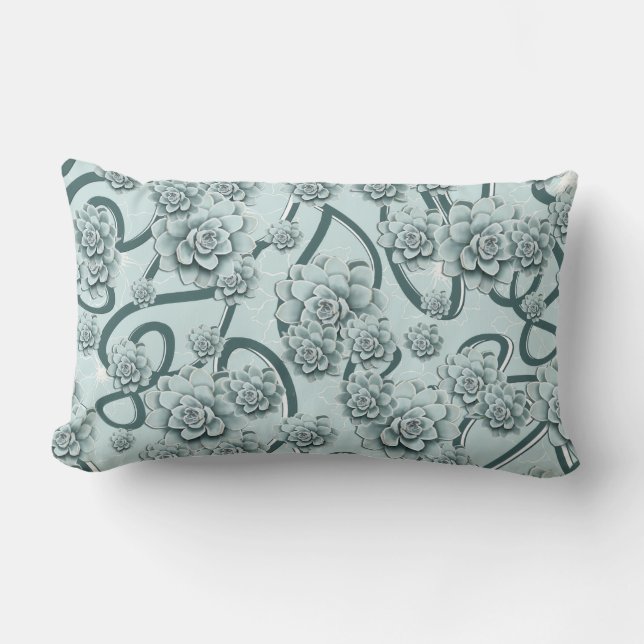 Mint Blue Succulents on Pine Green Trellis Repeat Lumbar Cushion (Front)