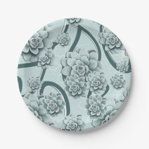Mint Blue Succulents on Pine Green Trellis Repeat  Paper Plate
