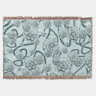 Mint Blue Succulents on Pine Green Trellis Repeat Throw Blanket