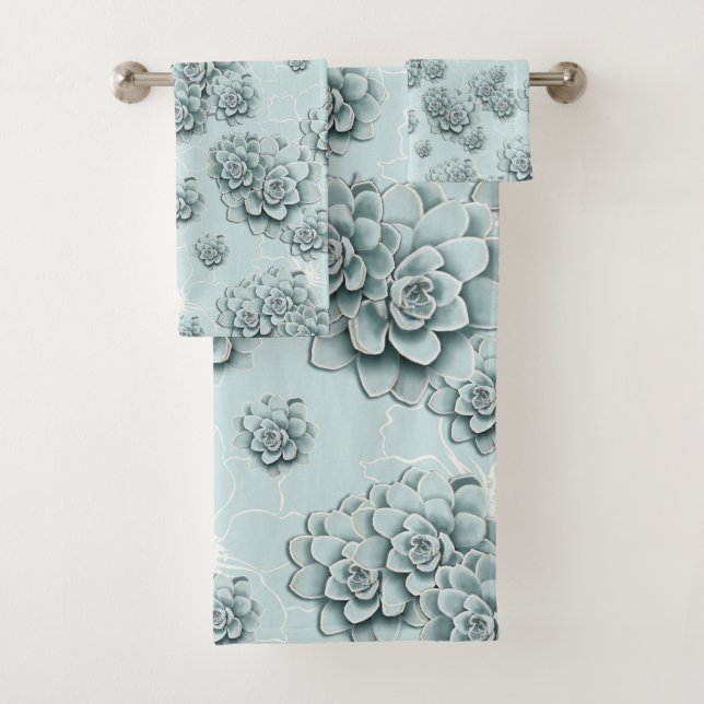 Mint Blue Succulents on plain pattern Repeat Bath Towel Set (Insitu)