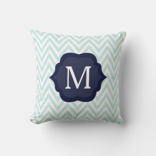 Mint Blue  & White Chevron Navy  Monogram Design Cushion